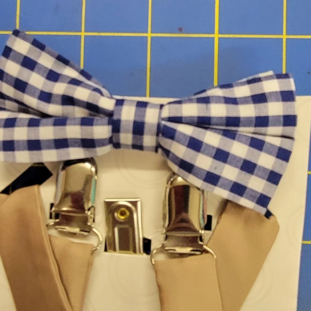 2 Piece Set of a Boys Suspender Tan & a Bowtie in Blue/White